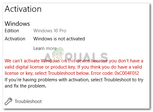 Correctif : erreur d'activation de Windows 10 0xc004f012